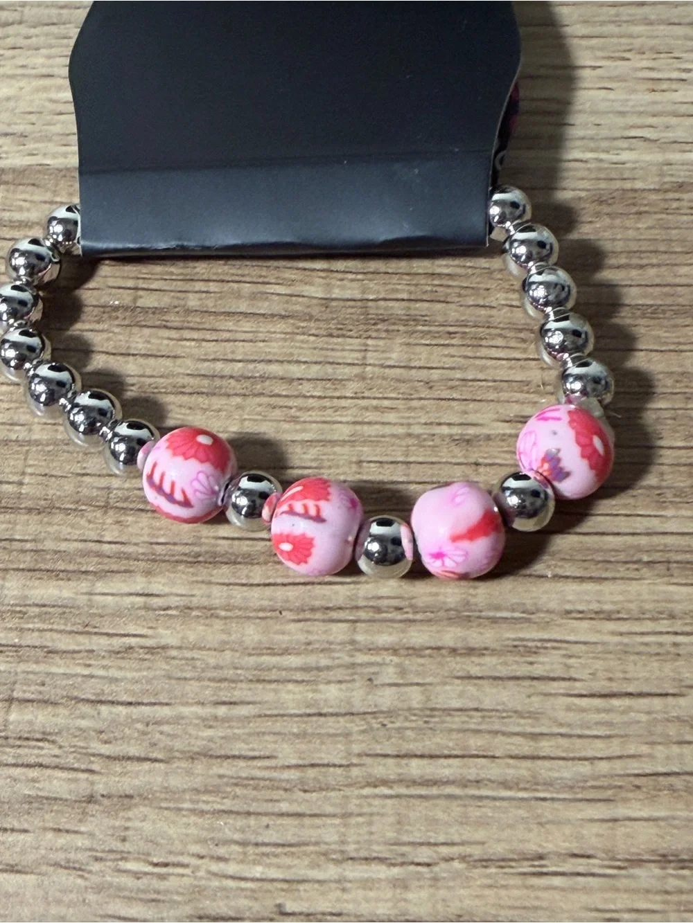 paparazzi Pink Floral Stretch Bracelet with Silver Beads